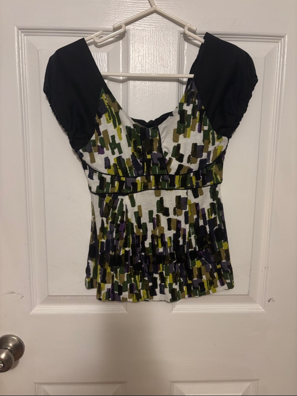 Anthropologie Black, Olive & Purple Brushstroke Peplum Top